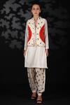 Shop_Nikasha_White Handwoven Cotton Jamdani Mandarin Collar Printed Jacket And Salwar Pant Set _at_Aza_Fashions