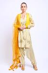 Buy_Nikasha_Beige Crepe, Georgette, Mukaish Net Kurta U Neck Jacket Printed Set With _at_Aza_Fashions