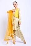 Nikasha_Beige Crepe, Georgette, Mukaish Net Kurta U Neck Jacket Printed Set With _Online_at_Aza_Fashions