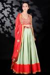 Buy_Nikasha_Green Cotton Silk, Matka Silk, Chinon Chiffon V Neck Printed Lehenga Set _at_Aza_Fashions