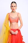 Shop_Nikasha_Red Organza, Cotton Silk, Mukaish Net Scoop Neck Printed Layered Lehenga Set _Online_at_Aza_Fashions