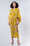 Shop_Nupur Kanoi_Yellow Crepe V Neck Floral Print Dress  _at_Aza_Fashions