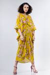 Nupur Kanoi_Yellow Crepe V Neck Floral Print Dress  _Online_at_Aza_Fashions