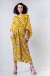 Buy_Nupur Kanoi_Yellow Crepe V Neck Floral Print Dress  _Online_at_Aza_Fashions