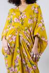 Nupur Kanoi_Yellow Crepe V Neck Floral Print Dress  _at_Aza_Fashions