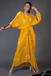Buy_Nupur Kanoi_Yellow Crepe Geometric V Neck Printed Draped Dress_at_Aza_Fashions