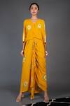 Buy_Nupur Kanoi_Yellow Crepe Printed Draped Dress_Online_at_Aza_Fashions