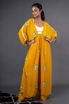 Buy_Nupur Kanoi_Yellow Crepe Geometric Jacket V Neck Crop Top Printed Kimono With Pants_at_Aza_Fashions