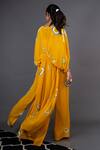 Shop_Nupur Kanoi_Yellow Crepe Geometric Jacket V Neck Crop Top Printed Kimono With Pants_at_Aza_Fashions