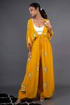 Shop_Nupur Kanoi_Yellow Crepe Geometric Jacket V Neck Crop Top Printed Kimono With Pants_Online_at_Aza_Fashions