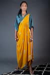 Buy_Nupur Kanoi_Yellow Habutai Silk And Crepe Print Dhoti Saree With Kaftan Top  _at_Aza_Fashions