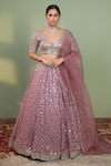 Buy_Neha Khullar_Pink Raw Silk Embroidery V Neck Bridal Lehenga Set _at_Aza_Fashions