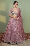 Neha Khullar_Pink Raw Silk Embroidery V Neck Bridal Lehenga Set _Online_at_Aza_Fashions