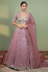 Shop_Neha Khullar_Pink Raw Silk Embroidery V Neck Bridal Lehenga Set _Online_at_Aza_Fashions