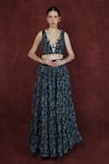 Buy_Neha Khullar_Blue Georgette, Chinon Floral, Shell Tassel V Neck Print Lehenga Set _Online_at_Aza_Fashions
