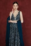 Neha Khullar_Blue Georgette, Chinon Floral, Shell Tassel V Neck Print Lehenga Set _at_Aza_Fashions