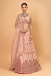 Neha Khullar_Peach Net Embroidery Mirror Square Neck Bridal Lehenga Set _Online_at_Aza_Fashions