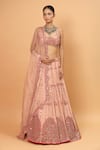 Shop_Neha Khullar_Peach Net Embroidery Mirror Square Neck Bridal Lehenga Set _Online_at_Aza_Fashions