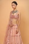 Neha Khullar_Peach Net Embroidery Mirror Square Neck Bridal Lehenga Set _at_Aza_Fashions