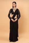 Buy_Neha Khullar_Black Chiffon Embroidery Sequin V Neck Pre-draped Saree With Blouse _at_Aza_Fashions