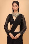 Shop_Neha Khullar_Black Chiffon Embroidery Sequin V Neck Pre-draped Saree With Blouse _Online_at_Aza_Fashions