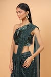 Shop_Neha Khullar_Green Net Embroidery Sequin Asymmetric Pre-draped Saree With One Shoulder Blouse _at_Aza_Fashions