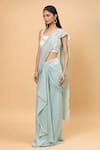 Neha Khullar_Blue Net Embroidery Sequin Square Neck Pre-draped Saree With Blouse _Online_at_Aza_Fashions