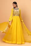 Neha Khullar_Yellow Organza, Net, Lycra Mirrors, Embroidery Geometric Anarkali Set For Kids_Online_at_Aza_Fashions