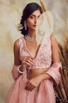 Niamh By Kriti_Pink Crepe And Silk Organza Embroidery Pearls V Neck Bridal Lehenga Set _Online_at_Aza_Fashions