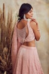 Buy_Niamh By Kriti_Pink Crepe And Silk Organza Embroidery Pearls V Neck Bridal Lehenga Set _Online_at_Aza_Fashions