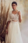 Niamh By Kriti_White Georgette And Organza Embroidery Pearl Leaf Neck Cape Lehenga Set _at_Aza_Fashions