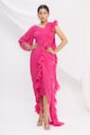 Buy_Nitika Kanodia Gupta_Pink Ruffle Pre-draped Saree  _at_Aza_Fashions