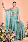 Buy_Niamh By Kriti_Blue Organza Hand Embroidered Resham Work Foil Mirror Cape Sharara Set _at_Aza_Fashions