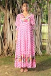 Buy_Nikasha_Pink Crepe Embroidery V Neck Leheriya Tiered Maxi Dress _at_Aza_Fashions