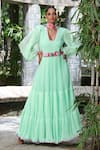 Nikasha_Green Georgette Embroidery U Neck Tiered Pleated Anarkali Set _Online_at_Aza_Fashions