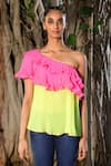 Buy_Nikasha_Green Georgette Asymmetric One Shoulder Ruffle Top _at_Aza_Fashions