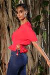 Nikasha_Red Georgette V Neck Pleated Kaftan Crop Top _Online_at_Aza_Fashions