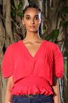 Buy_Nikasha_Red Georgette V Neck Pleated Kaftan Crop Top _Online_at_Aza_Fashions