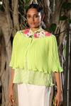 Buy_Nikasha_Green Georgette Cape Mandarin Collar Pleated With Leheriya Top _at_Aza_Fashions