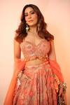 Buy_Gopi Vaid_Coral Blouse And Lehenga Tussar Silk & Dupatta Organza Print & Embroidery Set _at_Aza_Fashions