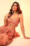 Gopi Vaid_Coral Blouse And Lehenga Tussar Silk & Dupatta Organza Print & Embroidery Set _Online_at_Aza_Fashions
