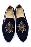 Shop_Kora By Nilesh Mitesh_Blue Embroidered Handcrafted Velvet Loafers_at_Aza_Fashions