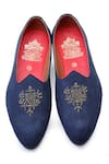 Shop_Kora By Nilesh Mitesh_Blue Embroidered Suede Juttis _at_Aza_Fashions