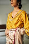 Buy_Shorshe Clothing_Yellow Handloom Silk V Neck Blouse _at_Aza_Fashions