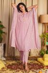 Buy_Label Ne'chi_Purple Chanderi Silk Embroidery Round Tunic And Pant Set  _at_Aza_Fashions