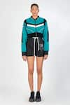 Shop_NoughtOne_Blue Polyester Suede Round Colorblock Cropped Jacket  _Online_at_Aza_Fashions