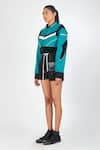 NoughtOne_Blue Polyester Suede Round Colorblock Cropped Jacket  _Online_at_Aza_Fashions