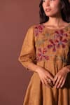 Buy_Khamaj India_Gold Kurta Chanderi Tissue Embroidery Applique Round Noori Yoke And Pant Set _Online_at_Aza_Fashions