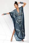 Nikita Mhaisalkar_Blue Organic Cotton Satin V Neck Tile Print Kaftan With Bralette _Online_at_Aza_Fashions