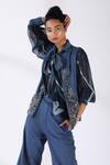 Buy_Nikita Mhaisalkar_Blue Silk Organza Collared Neck Tile Print Top_at_Aza_Fashions